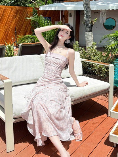 Fairytale Pink Spaghetti Straps Long Birthday Dress Chiffon Ruffles Layered Fashion Party Dresses ED02230