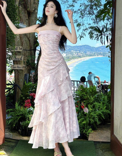 Fairytale Pink Spaghetti Straps Long Birthday Dress Chiffon Ruffles Layered Fashion Party Dresses ED02230
