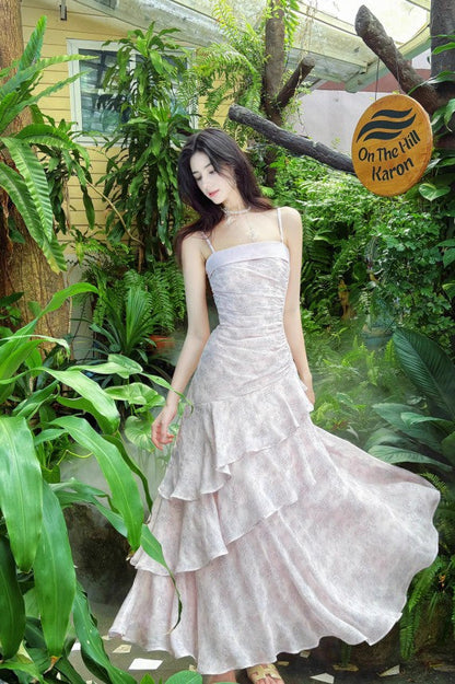 Fairytale Pink Spaghetti Straps Long Birthday Dress Chiffon Ruffles Layered Fashion Party Dresses ED02230