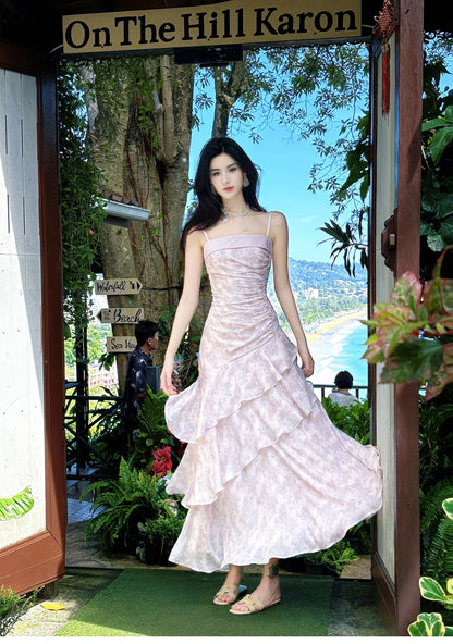 Fairytale Pink Spaghetti Straps Long Birthday Dress Chiffon Ruffles Layered Fashion Party Dresses ED02230