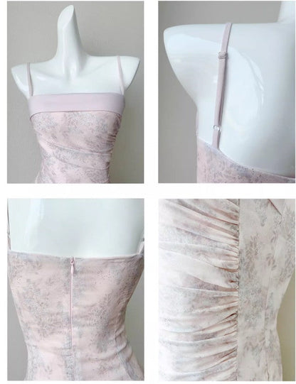 Fairytale Pink Spaghetti Straps Long Birthday Dress Chiffon Ruffles Layered Fashion Party Dresses ED02230