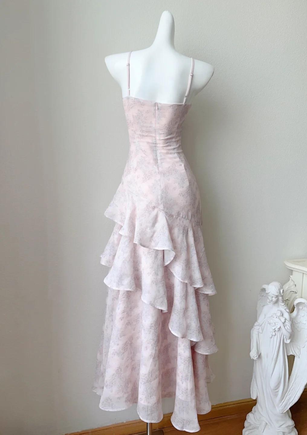 Fairytale Pink Spaghetti Straps Long Birthday Dress Chiffon Ruffles Layered Fashion Party Dresses ED02230