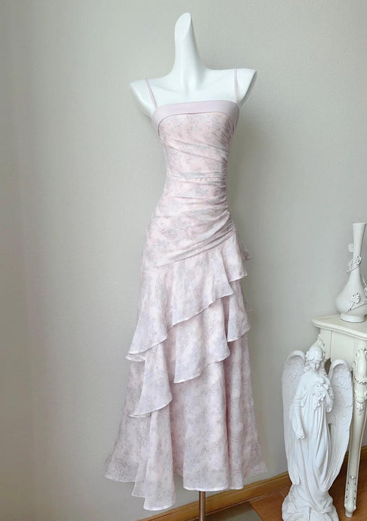 Fairytale Pink Spaghetti Straps Long Birthday Dress Chiffon Ruffles Layered Fashion Party Dresses ED02230