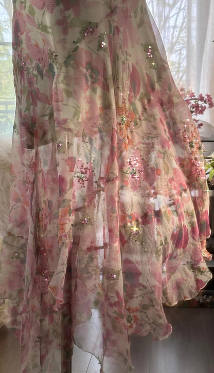 Gentle Printed Chiffon Sequin Mermaid Spaghetti Strap Vintage Evening Dress ED02231