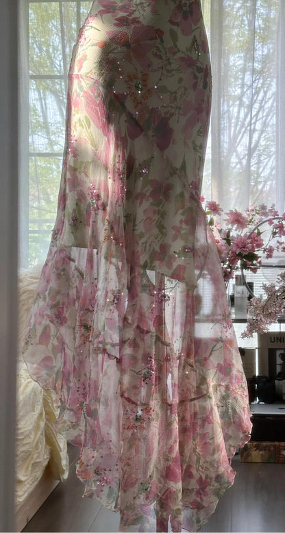 Gentle Printed Chiffon Sequin Mermaid Spaghetti Strap Vintage Evening Dress ED02231