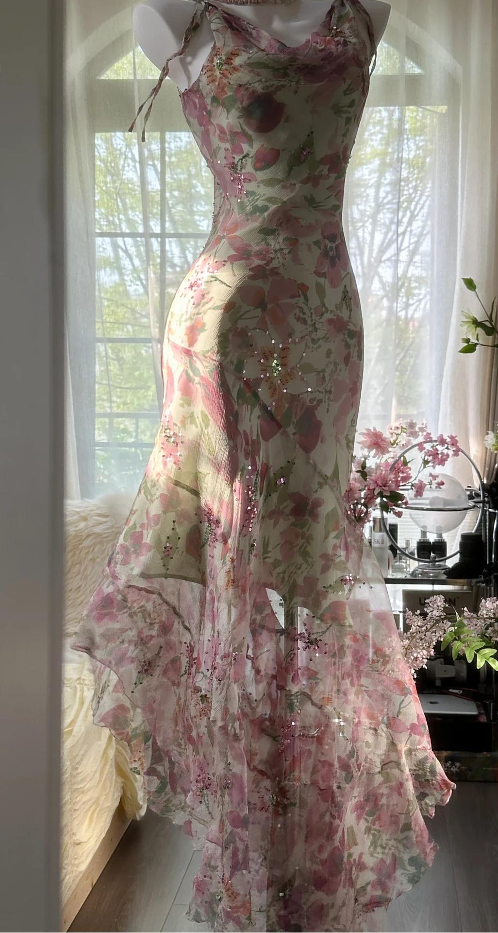 Gentle Printed Chiffon Sequin Mermaid Spaghetti Strap Vintage Evening Dress ED02231