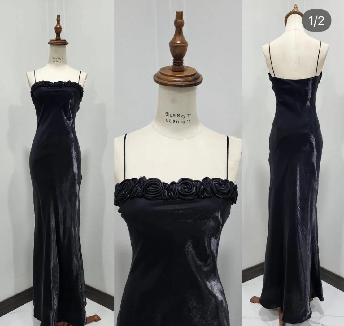 Elegant Black Spaghetti Strap Mermaid Satin Long Prom Dresses ED02232