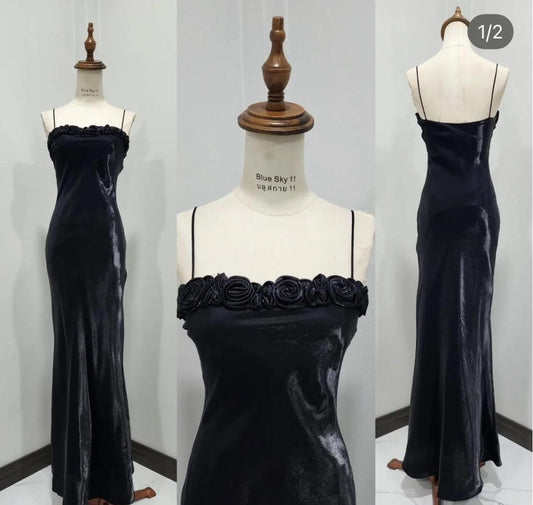 Elegant Black Spaghetti Strap Mermaid Satin Long Prom Dresses ED02232