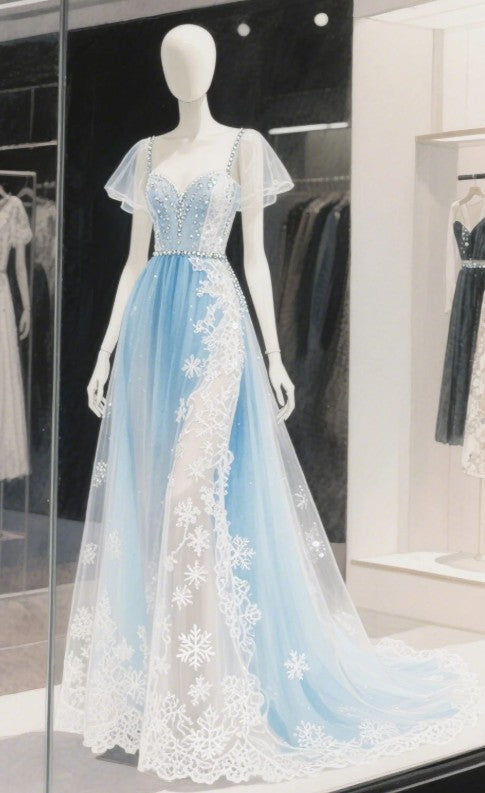 Sweet Sky Blue Sweetheart Neck Tulle Lace Beaded A-Line Wedding Dress Long Prom Dresses ED02233