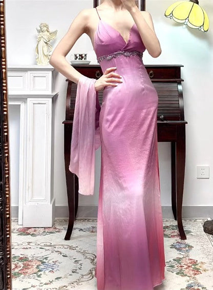 Gothic Retro Gradient Fuchsia Spaghetti Straps Satin Open Back Elegant Long Prom Dresses ED02234