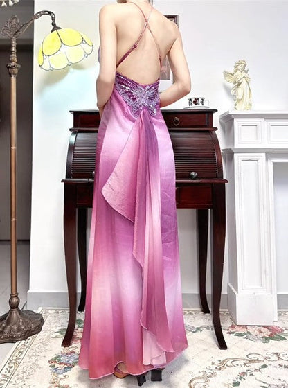 Gothic Retro Gradient Fuchsia Spaghetti Straps Satin Open Back Elegant Long Prom Dresses ED02234