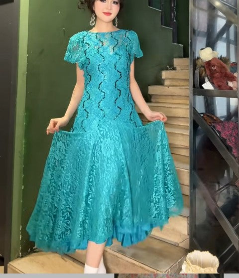 Vintage Turquoise Round Neck Lace Chiffon A-Line Party Dress ED02235