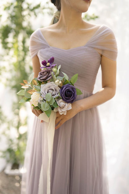 Elegant Purple Tulle A-Line V-Neck Bridesmaid Dress Prom Dresses ED02237