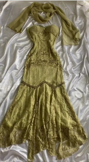 Vintage Spaghetti Straps Mermaid Lace Chiffon Prom Dresses with Beading ED02241