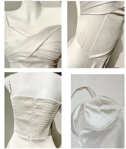 French Light Champagne Spaghetti Strap Satin A-Line Bridal Dress Elegant Wedding Guest Dress ED02244