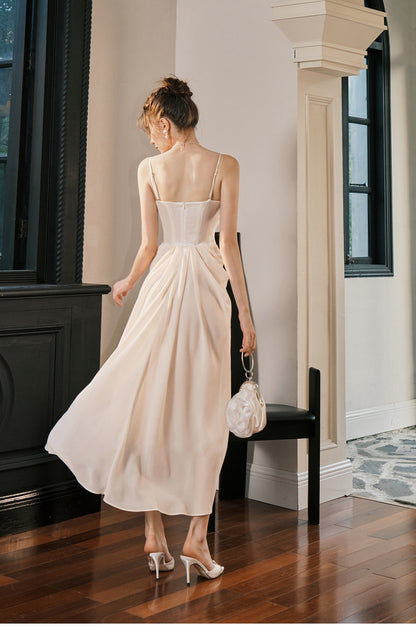 Light Champagne French Pearl Pendant Party Dress Satin Spaghetti Straps Chiffon Birthday Dress ED02245