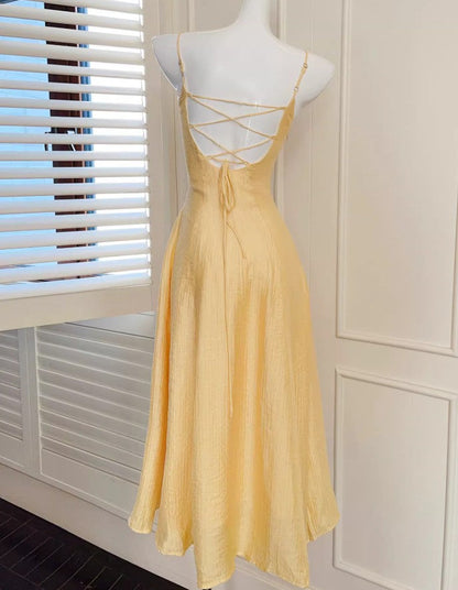 Sweet Butter Yellow Spaghetti Strap A-Line Birthday Dress Elegant Backless Party Dress ED02246