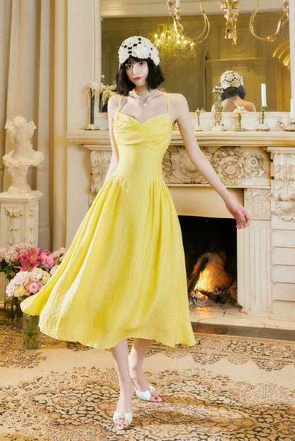 Sweet Butter Yellow Spaghetti Strap A-Line Birthday Dress Elegant Backless Party Dress ED02246
