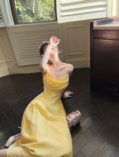 Sweet Butter Yellow Spaghetti Strap A-Line Birthday Dress Elegant Backless Party Dress ED02246