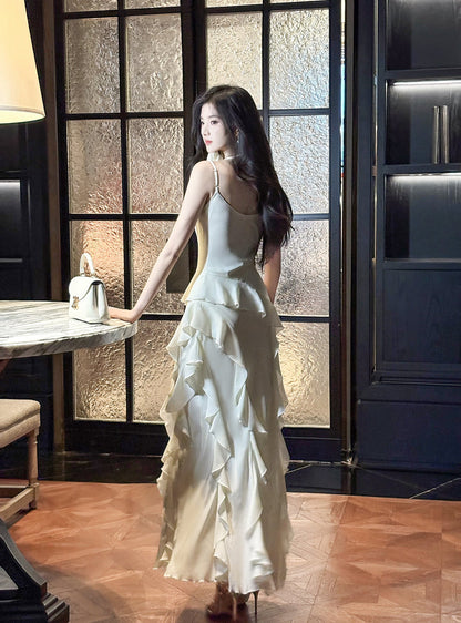Sweet Birthday Evening Gowns Off-White Spaghetti Straps Chiffon Ruffles A-Line Prom Dresses ED02248