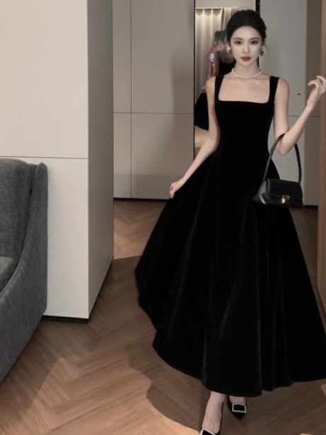 French Hepburn style black velvet suspender dress ED0224