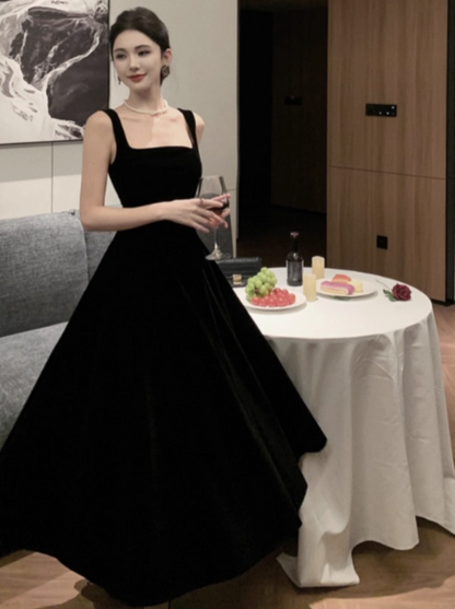 French Hepburn style black velvet suspender dress ED0224