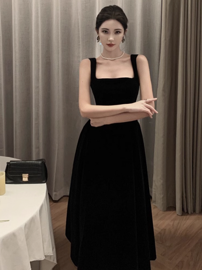 French Hepburn style black velvet suspender dress ED0224