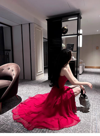 Retro Red Spaghetti Strap Chiffon Ruffles A-Line Prom Dresses Gorgeous Birthday Party Dress ED02254