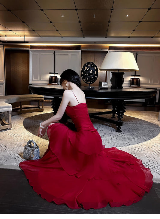 Retro Red Spaghetti Strap Chiffon Ruffles A-Line Prom Dresses Gorgeous Birthday Party Dress ED02254