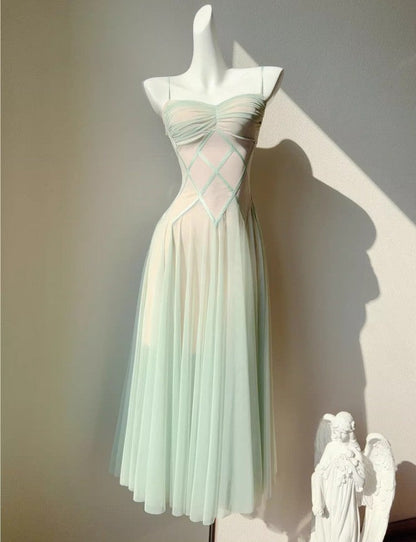 Fairytale Green Tulle Spaghetti Strap A-Line Birthday Prom Dress Sweet 16 Evening Gowns ED02256