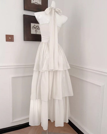 Cute Halter Neck Chiffon Layered A-Line White Party Dress ED02257