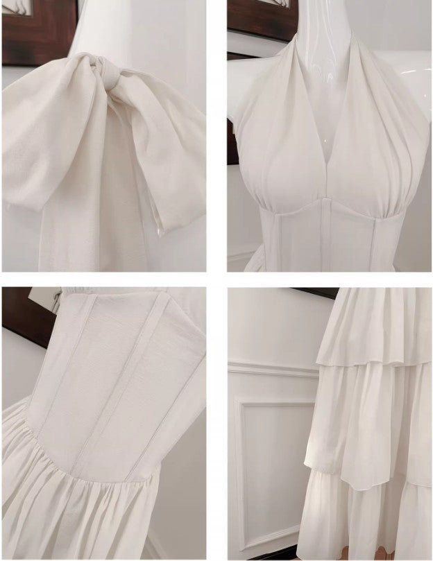 Cute Halter Neck Chiffon Layered A-Line White Party Dress ED02257