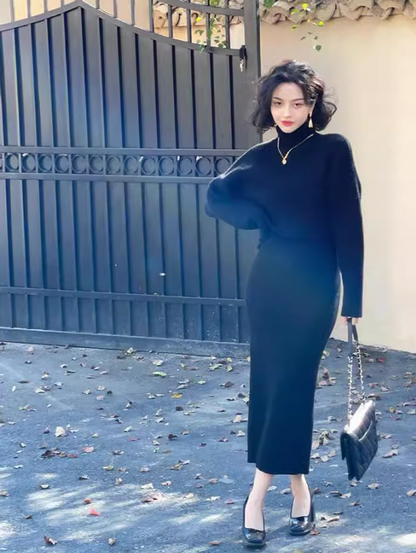 Half turtleneck two-piece knitted sweater dress ED0225