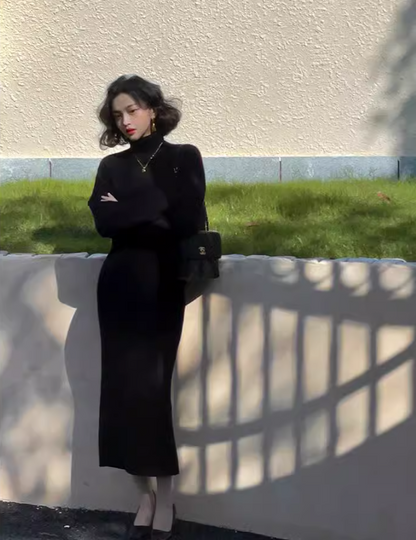 Half turtleneck two-piece knitted sweater dress ED0225