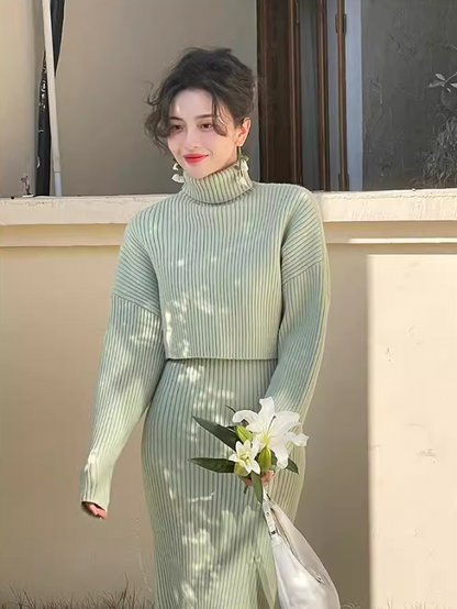 Half turtleneck two-piece knitted sweater dress ED0225