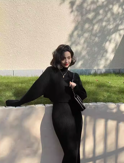 Half turtleneck two-piece knitted sweater dress ED0225