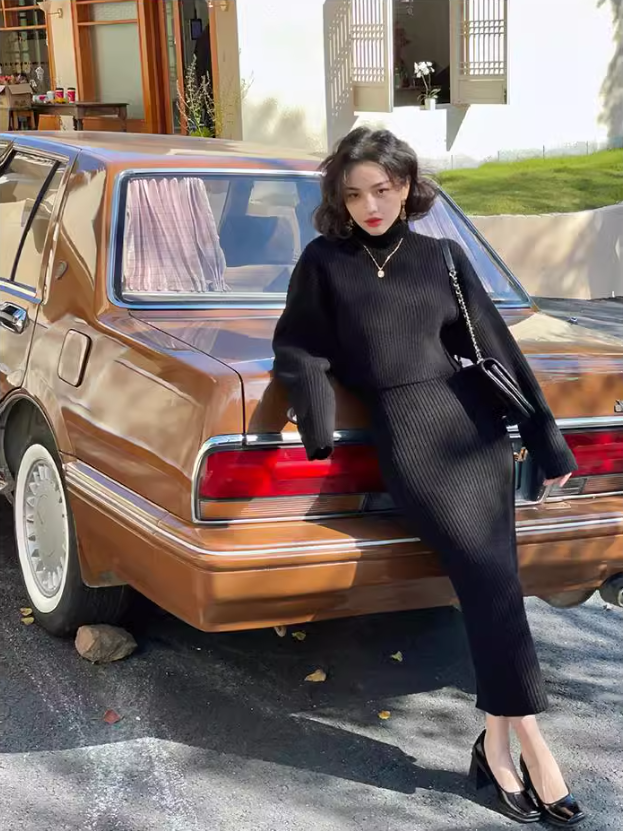 Half turtleneck two-piece knitted sweater dress ED0225