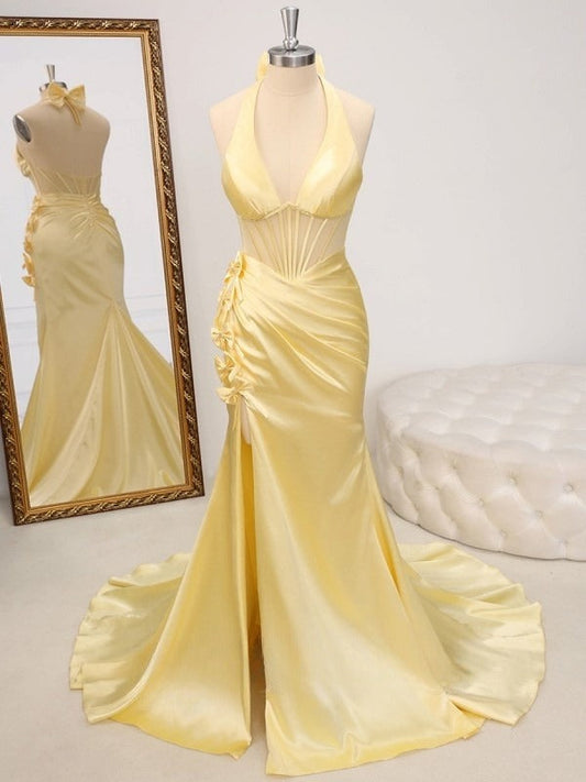 Gorgeous Butter Yellow V-Neck Satin Mermaid Prom Dresses Formal Evening Dresses ED02264