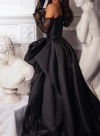 Black Sweetheart Neck A-Line Satin Prom Dresses Formal Evening Dress with Slit ED02266