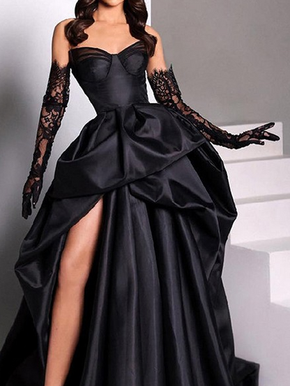 Black Sweetheart Neck A-Line Satin Prom Dresses Formal Evening Dress with Slit ED02266