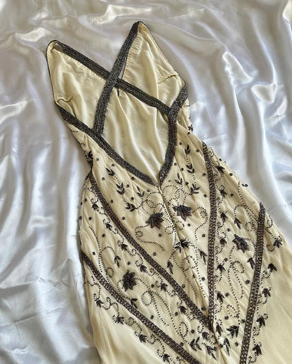 Vintage Beaded Chiffon Sheath Prom Dresses Backless Evening Dresses ED02267