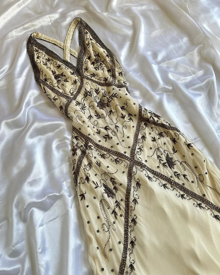 Vintage Beaded Chiffon Sheath Prom Dresses Backless Evening Dresses ED02267