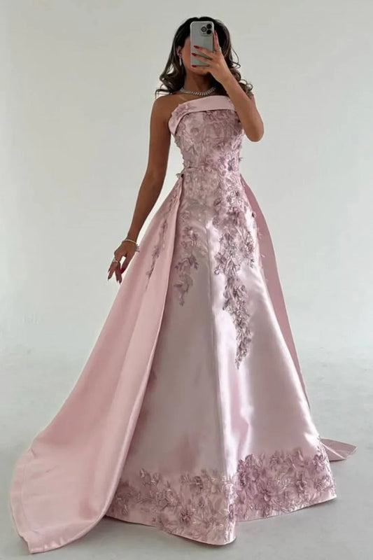 Elegant Pink  A-Line Strapless Satin Prom Dress with Appliques Train Evening Gowns ED02268