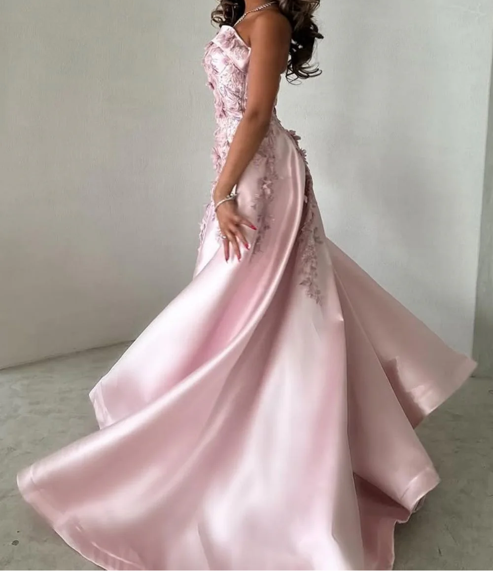 Elegant Pink  A-Line Strapless Satin Prom Dress with Appliques Train Evening Gowns ED02268