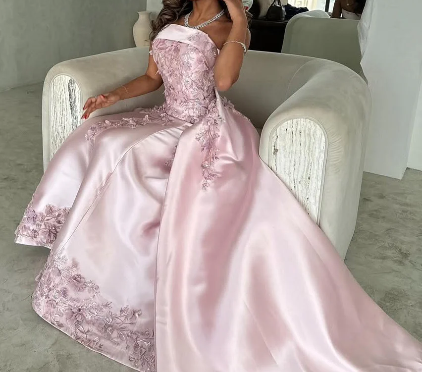 Elegant Pink  A-Line Strapless Satin Prom Dress with Appliques Train Evening Gowns ED02268