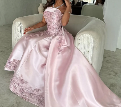 Elegant Pink  A-Line Strapless Satin Prom Dress with Appliques Train Evening Gowns ED02268