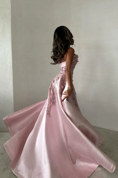 Elegant Pink  A-Line Strapless Satin Prom Dress with Appliques Train Evening Gowns ED02268