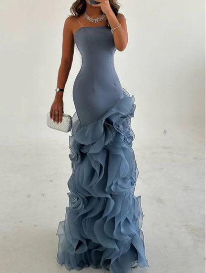 Dusty Blue Mermaid Strapless  Long Tulle Prom Dress with Ruffle Evening Gowns ED02269