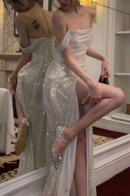 Elegant A-Line Off the Shoulder Evening Gowns  Silver Sequins Long Prom Dress with Split Front  ED02270