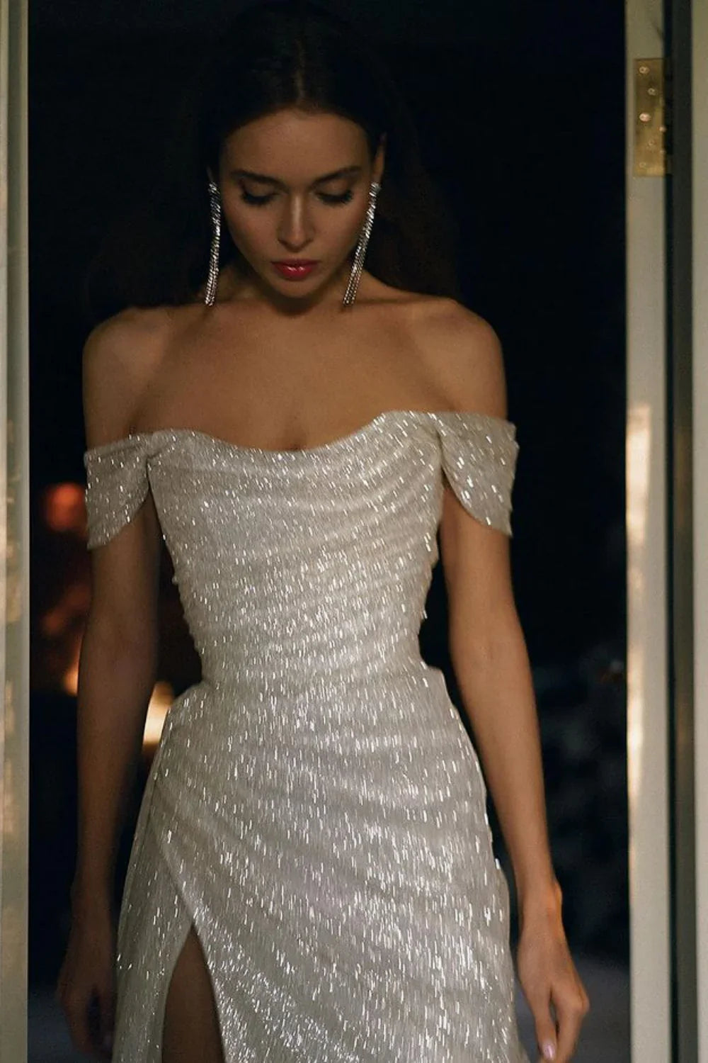 Elegant A-Line Off the Shoulder Evening Gowns  Silver Sequins Long Prom Dress with Split Front  ED02270